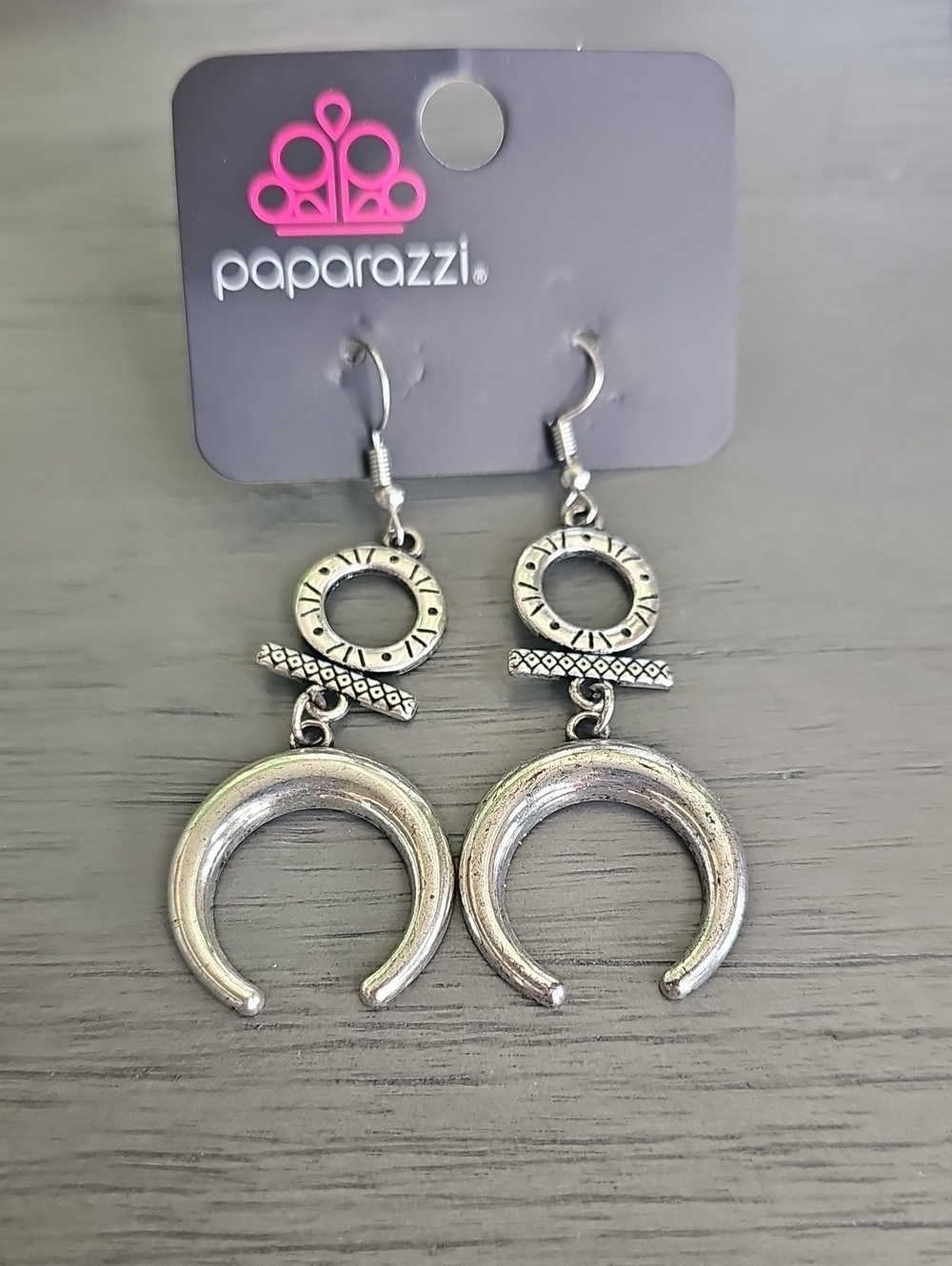 paparazzi Silver Textured Crescent and Ring Dangle Earrings